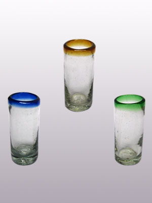 Sale Items / Blue & Green & Amber Rim 2 oz Tequila Shot Glasses (set of 6) / Perfect for parties, this set includes two shot glasses with each colored rim: cobalt blue, emerald green and amber.